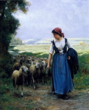 Sheep Shepherd Painting - The young Shep farm life Realism Julien Dupre sheep